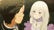 a boy and a girl are looking at each other and the girl is wearing a purple dress