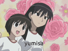 two anime girls are standing next to each other and the word yumisa is on the bottom