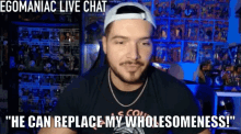 a man wearing a hat says " he can replace my wholesomeness " in front of a wall full of action figures