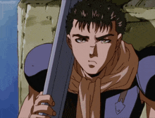 a man with a scarf around his neck is holding a sword in a cartoon