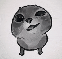a black and white drawing of a cat with its tongue hanging out