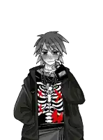 a black and white drawing of a boy with a skeleton shirt on