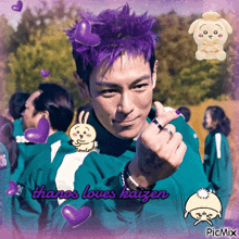 a picture of a man with purple hair and the words thanos loves kaizen on the bottom