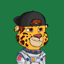 a cartoon drawing of a leopard wearing a space suit and a hat