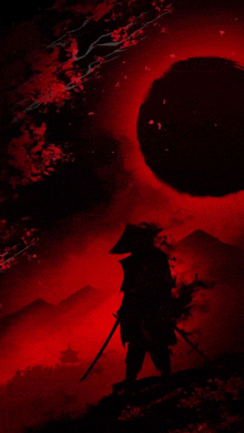 a samurai is standing on top of a hill holding a sword in front of a red sky .
