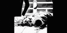 a black and white drawing of a person standing next to a pile of blood .