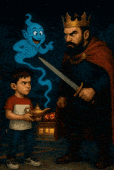 a man with a sword stands next to a boy with a lamp