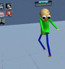 a cartoon character wearing a green shirt and blue pants is dancing .