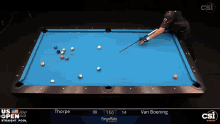 a pool game is being played between thorpe and van boering