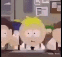 a group of cartoon characters are standing around a table in a room .