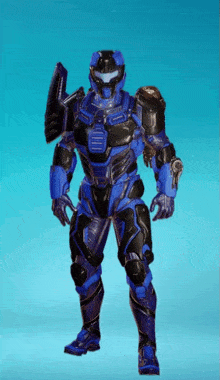 a blue and black robot with a shield on his back