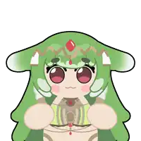 a cartoon of a girl with green hair and a red jewel on her head