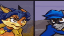 a fox and a raccoon are standing next to each other in a cartoon .