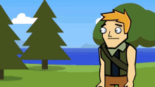 a cartoon of a man standing in front of a lake