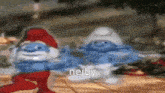two smurfs are dancing in a blurry picture with the words nejby written on the bottom