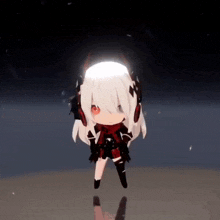 a little girl with white hair and red eyes is standing on a beach .