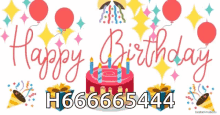 a birthday greeting card with a cake and balloons says happy birthday h6665544
