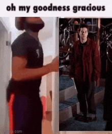 a man in a black shirt is standing next to a man in a red jacket in a hallway .