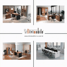 four pictures of office spaces with the divimobile logo on the bottom