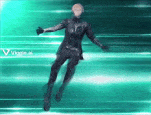 a man in a suit is dancing in front of a green background with the word vigge ai on it