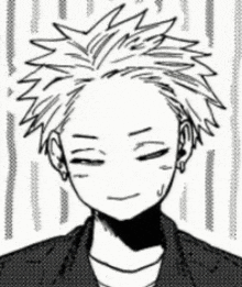 a black and white drawing of a boy with spiky hair and a sad look on his face .