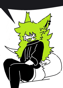 a black and white drawing of a person with green hair sitting down .