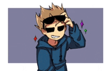 a cartoon character is wearing sunglasses and a blue hoodie .