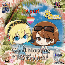 a picture of two anime girls on a beach with the words good morning my friend