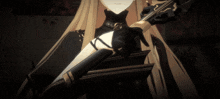 a girl with long blonde hair and black gloves is pointing