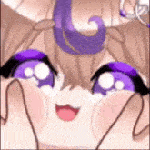a close up of a person 's face with purple eyes and a purple ponytail .