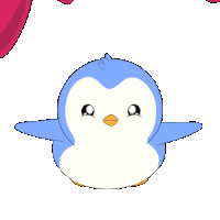 a cartoon penguin is holding a heart in its beak
