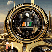 a logo for awesome unique voice family with an eagle in the center