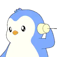 a penguin with hearts in its eyes is holding a bottle