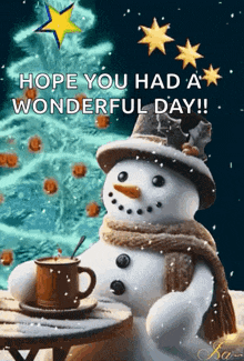a snowman sitting at a table with a cup of coffee and a christmas tree in the background