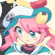 a pixel art of a girl with pink hair wearing a hat