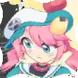 a pixel art of a girl with pink hair wearing a hat