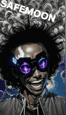 a poster for safemoon shows a man with curly hair and purple goggles