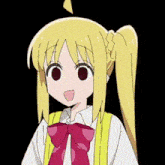 the girl is wearing a yellow shirt and a pink bow tie