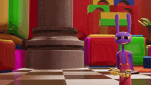 a purple rabbit is standing in a room with colorful toys and a pillar .