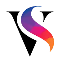 a black letter v with a colorful swirl around it on a white background