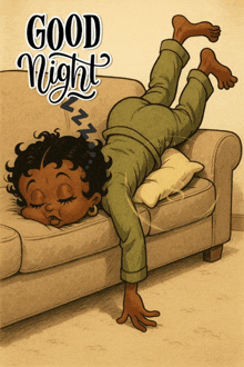 a cartoon drawing of a girl sleeping on a couch with the words good night written above her