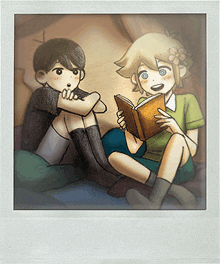 two cartoon characters sitting next to each other reading books