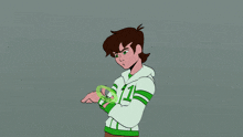 a cartoon character is flexing her muscles and wearing a green and purple outfit