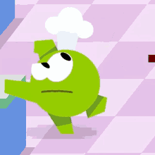 a green cartoon character is wearing a chef hat