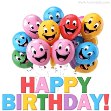 a bunch of balloons with smiley faces on them and the words happy birthday