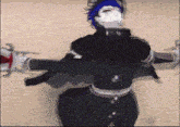 a drawing of a person with blue hair and a white face