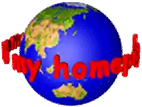 a blue globe with the words " my home " written in red
