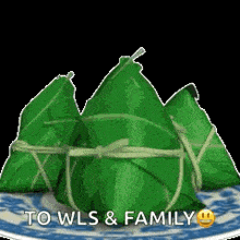 a blue and white plate topped with green wrapped food with the words to wls & family written on it
