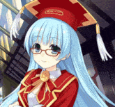 a girl with blue hair wearing glasses and a red hat