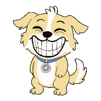 a cartoon dog wearing a blue collar is smiling